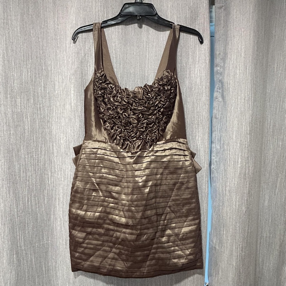 Laundry By Shelli Segal Dress Womens 6 Brown Ruffle Sheath Bow Back Satin Party
